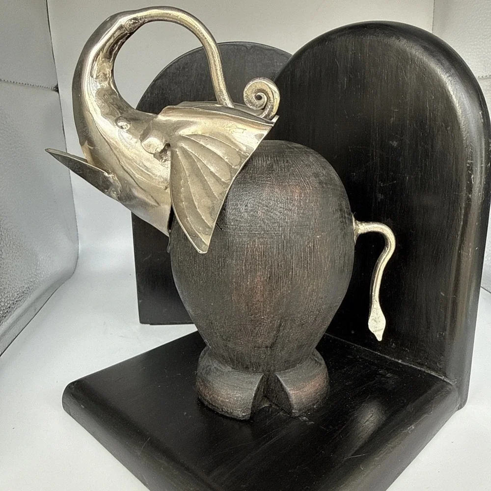 Black Bauhaus Beast Bookends‎ Art Deco Black Wood and Chrome Elephants
